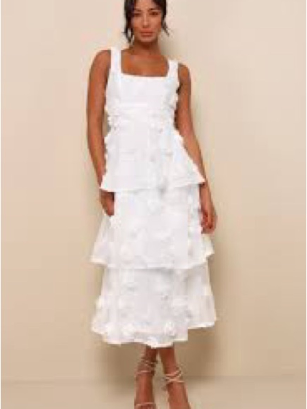 Lulus White Sleeveless Tiered Rosette Midi Dress size Small